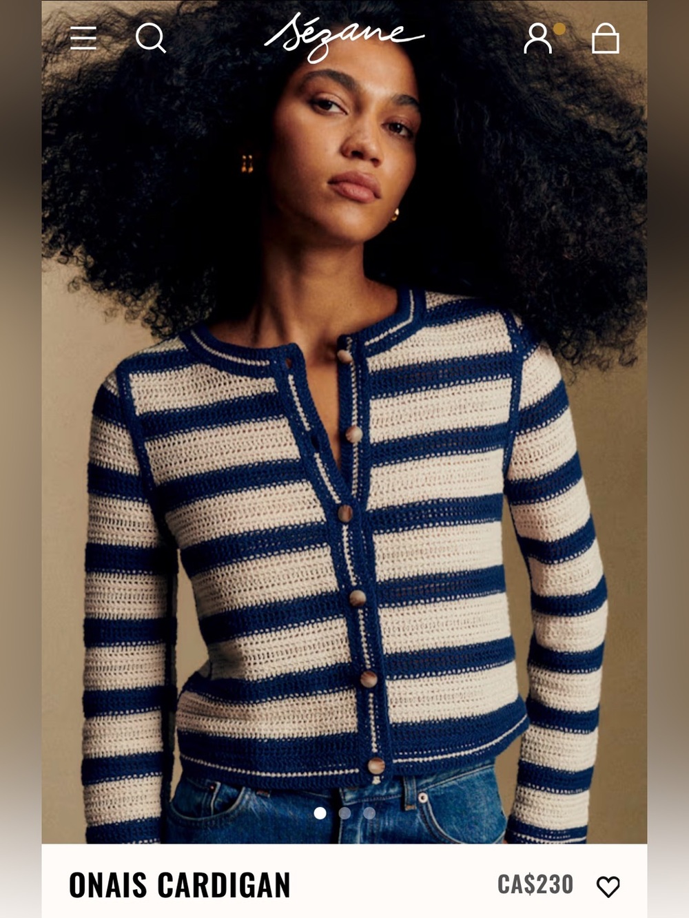 Sezane Navy and Cream Striped Button-Front Cardigan